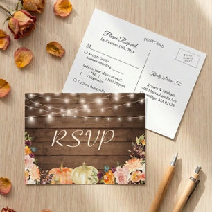 Rustic Autumn Floral String Lights Wedding RSVP Invitation Postcard