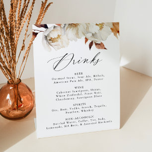 Rustic Autumn Floral Wedding Drink Menu Pedestal Sign