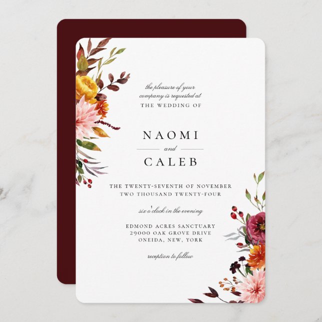 Rustic Autumn Floral Wedding Invitation (Front/Back)