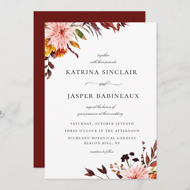 Rustic Autumn Floral Wedding Invitation (Front/Back)