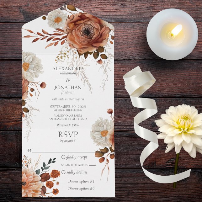 Rustic Autumn Floral with Dinner Options All In One Invitation (Also available without dinner options or with QR code. )