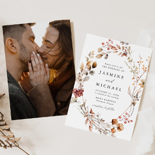 Rustic Autumn Floral Wreath Photo Wedding Invitation