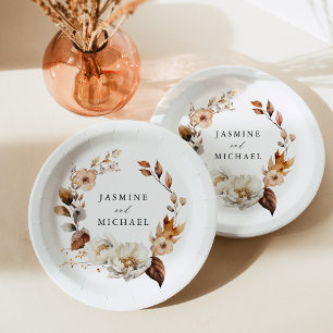 Rustic Autumn Floral Wreath Wedding Paper Plate