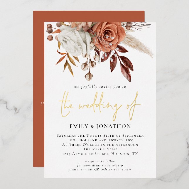 Rustic Autumn Florals Terracotta Wedding Glam Real (Front/Back)