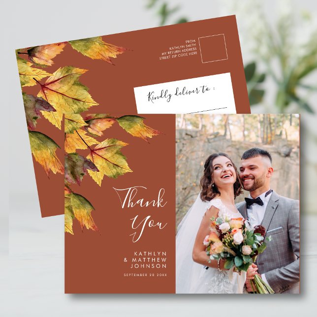 Rustic Autumn Foliage Fall Wedding Photo Thank You Postcard (Creator Uploaded)