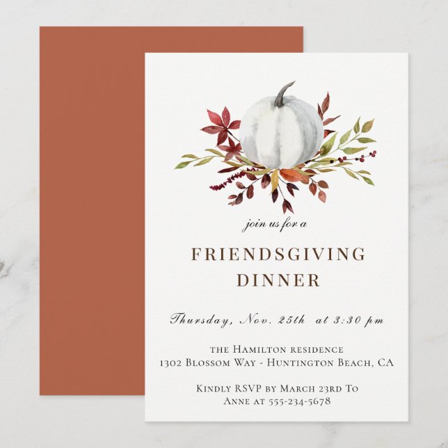 Rustic Autumn Foliage White Pumpkin Friendsgiving Invitation (Front/Back)