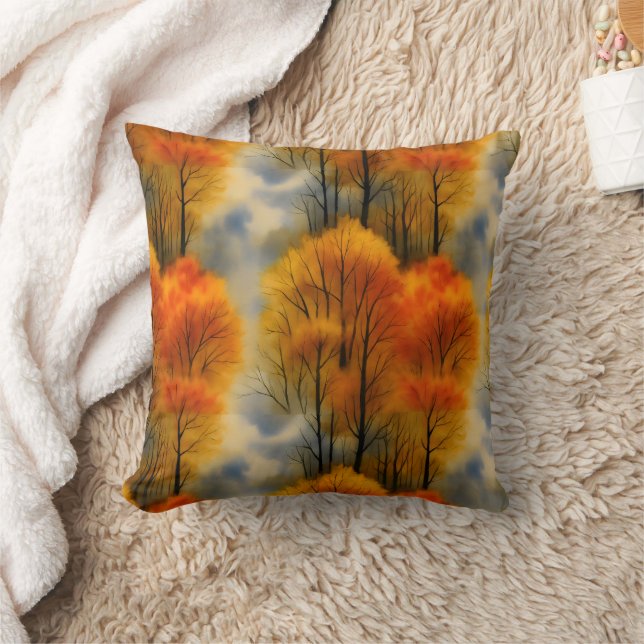 Rustic Autumn Forest - Fall Watercolor  Throw Pillow (Blanket)