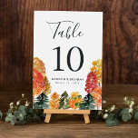 Rustic Autumn Forest Fall Wedding Table Number<br><div class="desc">Add a personalized touch to your fall wedding Rustic Autumn Forest wedding table number cards. The autumn wedding table number cards feature the table number, names, and wedding date framed by a border of watercolor trees in shades of yellow, orange, burgundy, rust, and green. The design repeats on the back....</div>