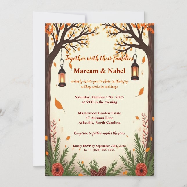 Rustic Autumn Forest Lanterns Wedding Invitation | (Front)