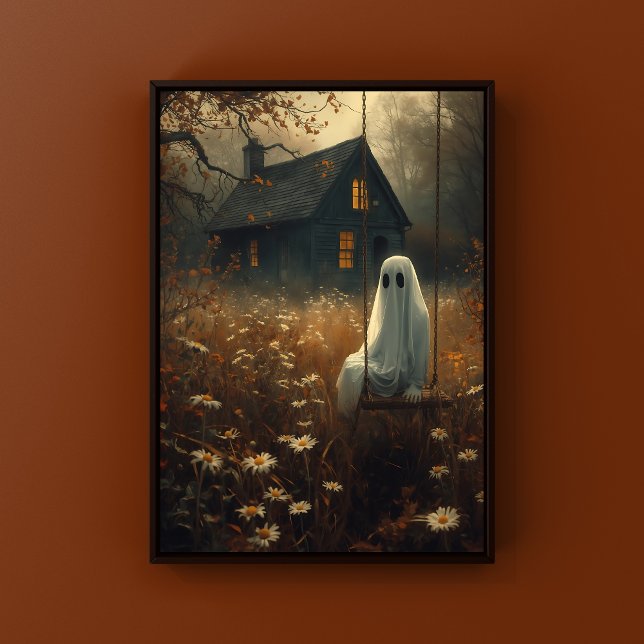 Rustic Autumn Ghost on Swing Spooky Halloween Poster (Spooky Halloween Wall Art in Rustic Cottage Setting)