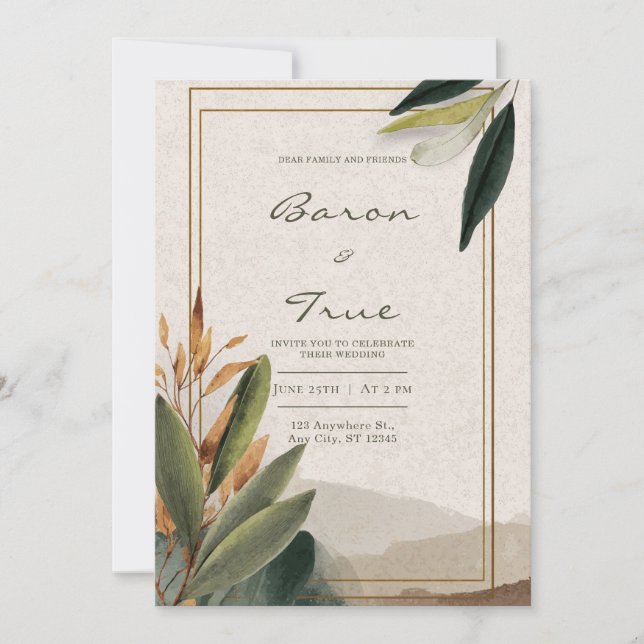 Rustic Autumn Greenery Gold Frame Wedding Invitation (Front)
