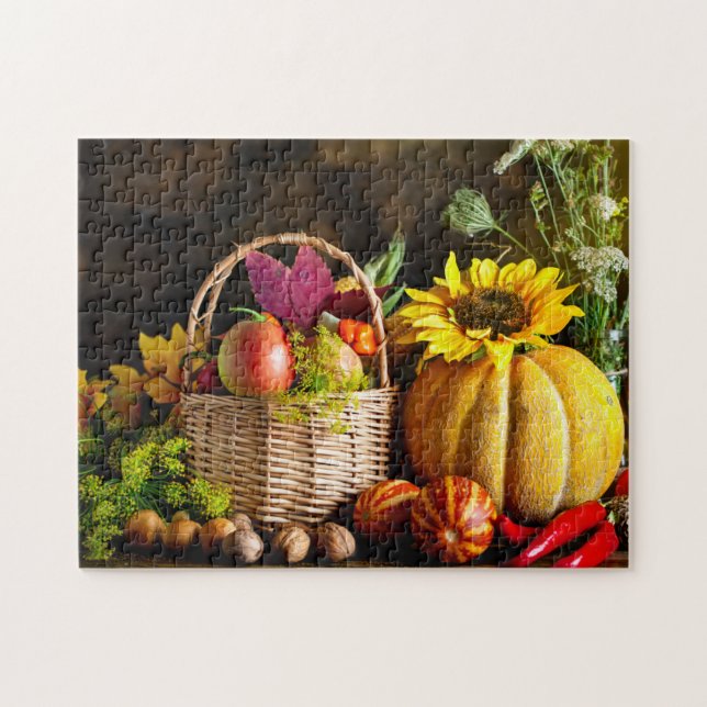 Rustic Autumn Harvest Flowers Pumpkin Jigsaw Puzzle (Horizontal)