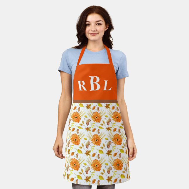Rustic Autumn Harvest Orange Floral Monogram Apron (Worn)