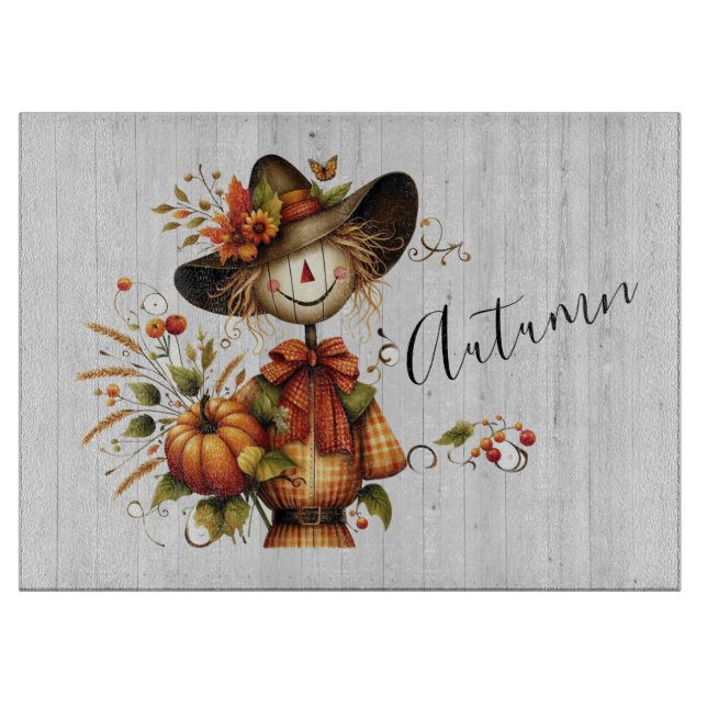 Rustic Autumn Harvest Scarecrow with Pumpkins Cutting Board (Front)