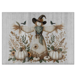 Rustic Autumn Harvest Scarecrow with Pumpkins Cutting Board