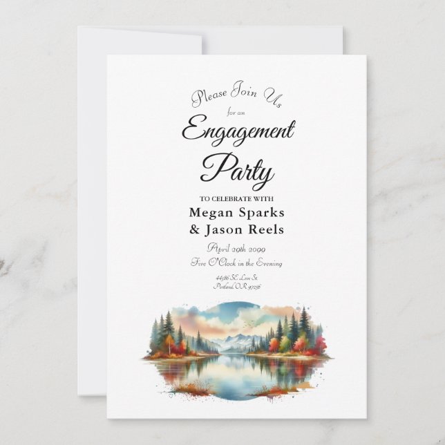 Rustic Autumn Lakeside Forest Engagement Party Invitation (Front)