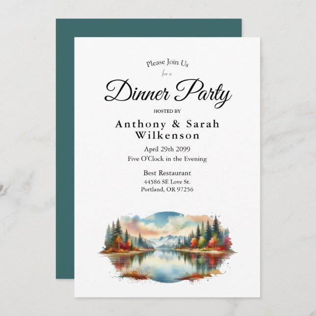  Rustic Autumn Lakeside Forest Restaurant Dinner Invitation (Front/Back)