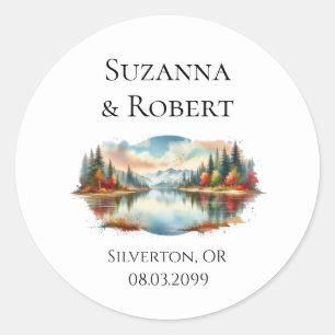 Rustic Autumn Lakeside Forest Wedding Classic Round Sticker
