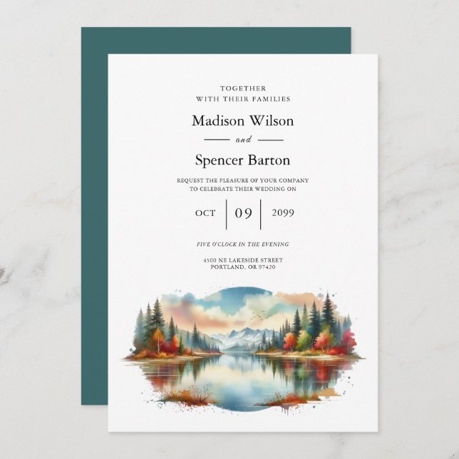 Rustic Autumn Lakeside Forest Wedding Invitation (Front/Back)