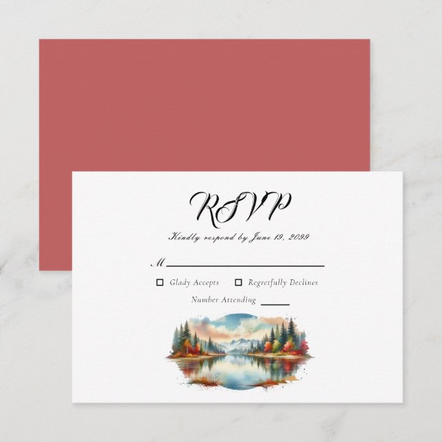 Rustic Autumn Lakeside Forest Wedding RSVP Card (Front/Back)