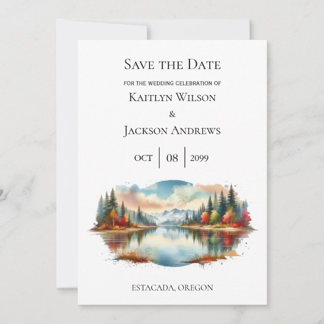 Rustic Autumn Lakeside Forest Wedding Save The Date (Front)