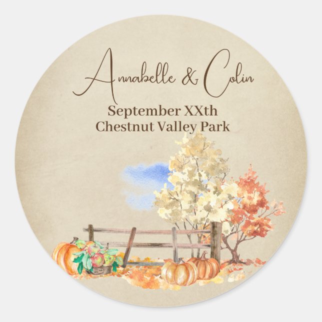 Rustic Autumn Landscape Trees & Pumpkins Parchment Classic Round Sticker (Front)