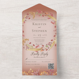 Rustic Autumn Leaf & Berry Wreath Rust QR Code All In One Invitation