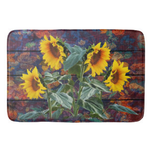 Rustic Autumn Leaves and Sunflowers Bath Mat