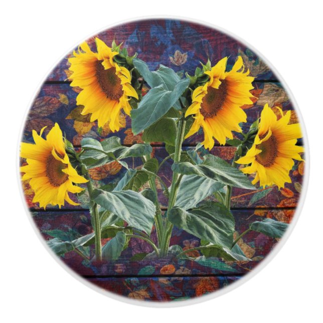 Rustic Autumn Leaves and Sunflowers Ceramic Knob (Front)