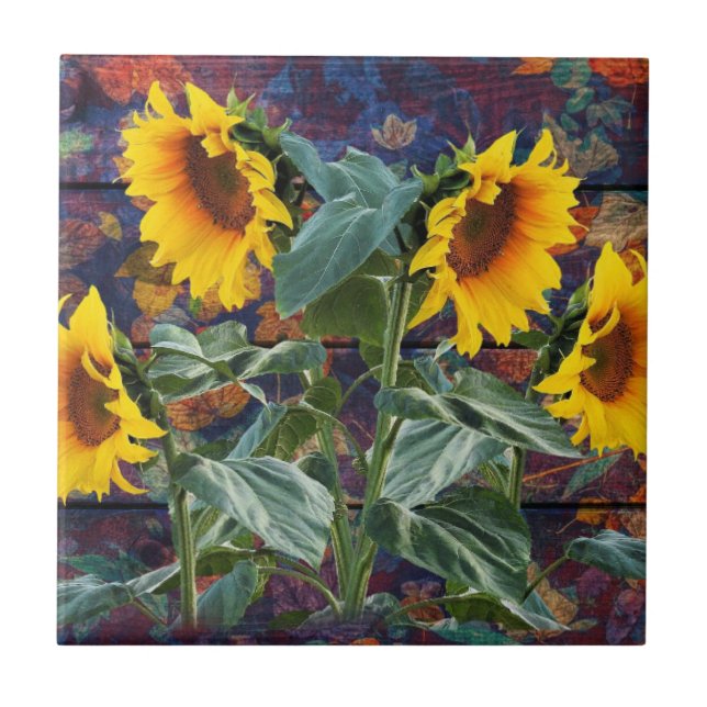 Rustic Autumn Leaves and Sunflowers Tile (Front)