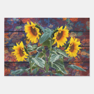 Rustic Autumn Leaves and Sunflowers Wrapping Paper Sheet