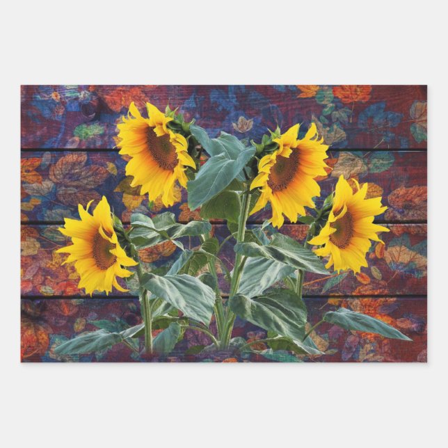 Rustic Autumn Leaves and Sunflowers Wrapping Paper Sheet (Front)
