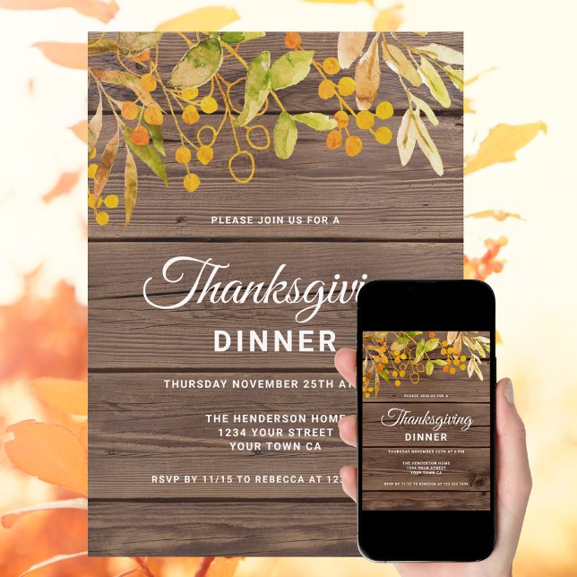 Rustic Autumn Leaves Barn Wood Thanksgiving Dinner Invitation (Creator Uploaded)