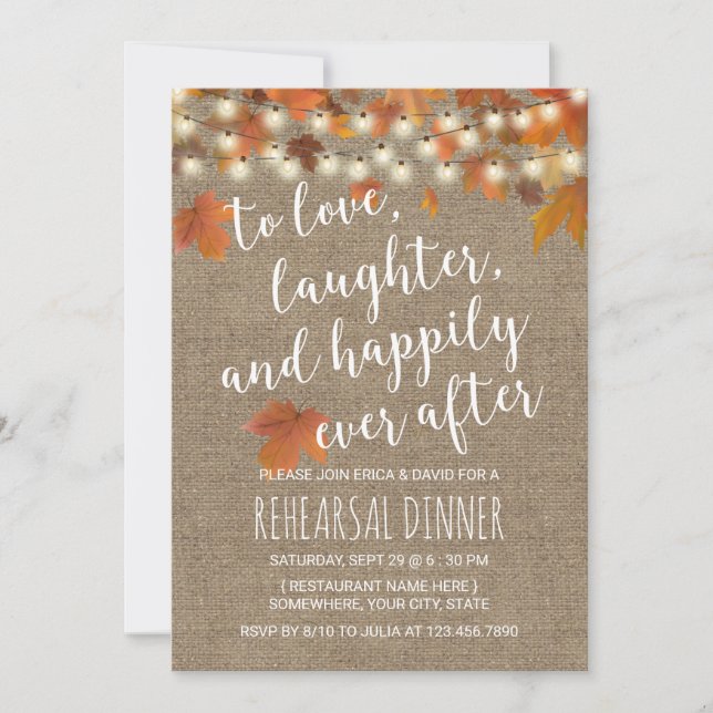 Rustic Autumn Leaves Burlap Rehearsal Dinner Invitation (Front)