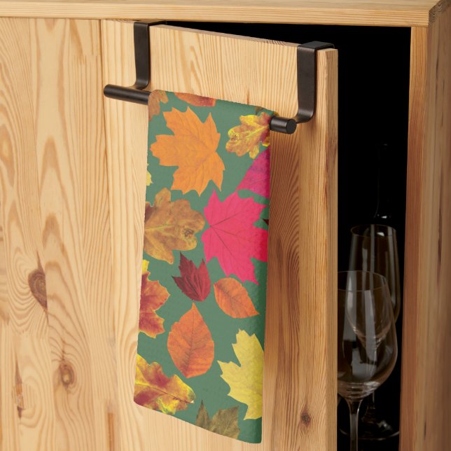 Rustic Autumn Leaves Fall Colours Kitchen Towel (Thirds Fold)