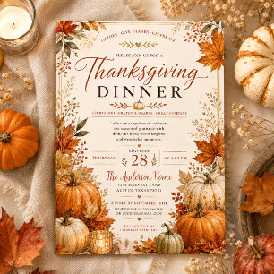 Rustic Autumn Leaves Fall Pumpkins Thanksgiving Invitation