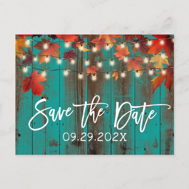 Rustic Autumn Leaves Fall Wedding Save the Date Announcement Postcard (Front)
