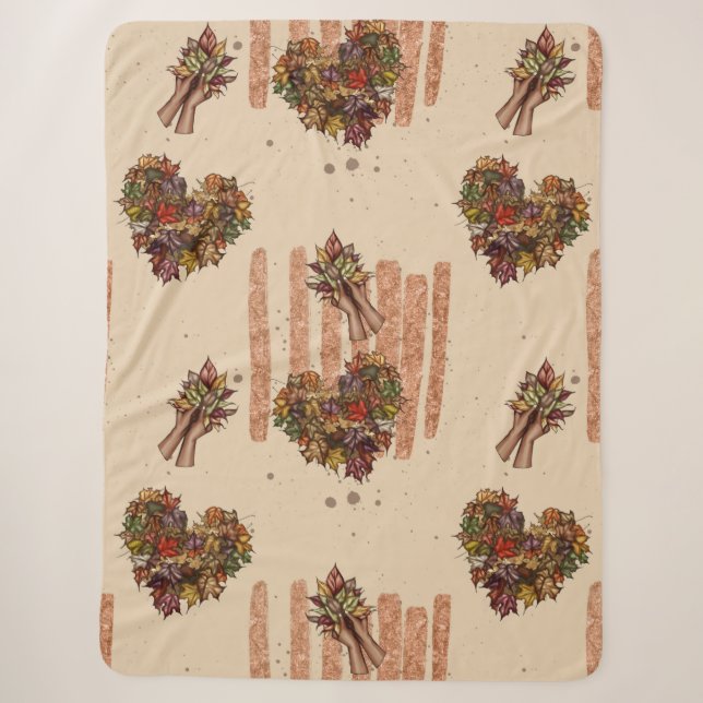 Rustic Autumn Leaves Heart Pattern – Fall Vibes Sherpa Blanket (Front)