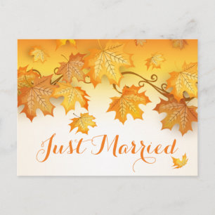 Rustic Autumn Leaves Just Married Orange Wedding Announcement Postcard