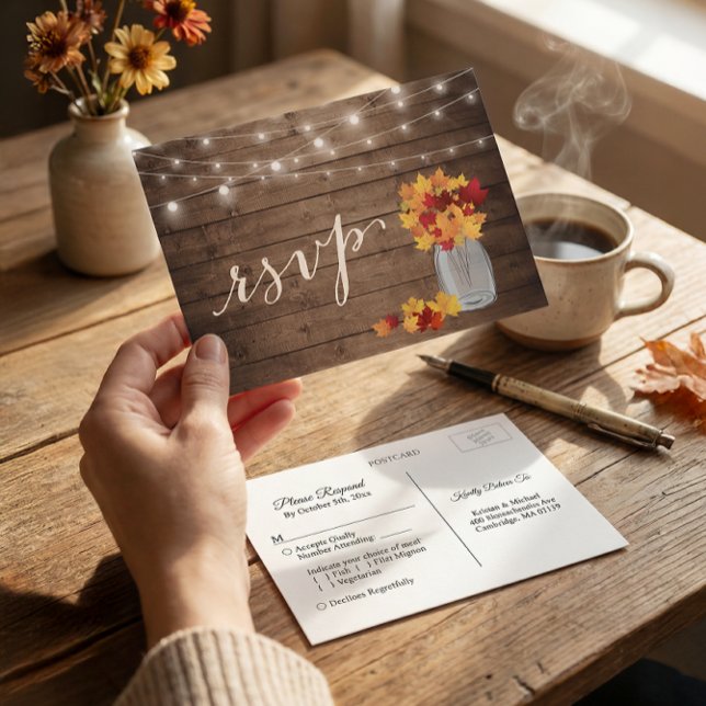 Rustic Autumn Leaves Mason Jar String Lights RSVP Invitation Postcard (Creator Uploaded)