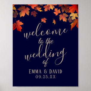 Rustic Autumn Leaves Navy Wedding Welcome Sign
