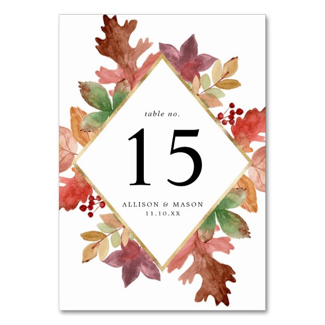 Rustic Autumn Leaves Personalized Wedding Table Number (Front)