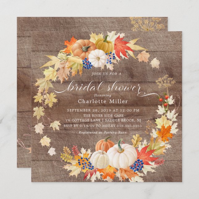 Rustic Autumn Leaves Pumpkins Bridal Shower Invitation (Front/Back)