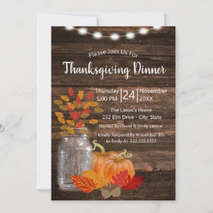 Rustic Autumn Leaves & Pumpkins Thanksgiving Invitation
