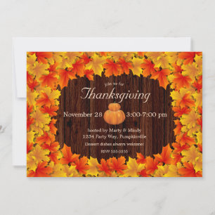 Rustic Autumn Leaves, pumpkins Thanksgiving Invitation