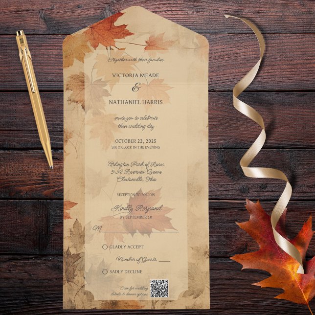 Rustic Autumn Leaves QR Code  All In One Invitation (Also available without QR code. )