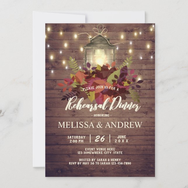 Rustic Autumn Leaves String Light Rehearsal Dinner Invitation (Front)