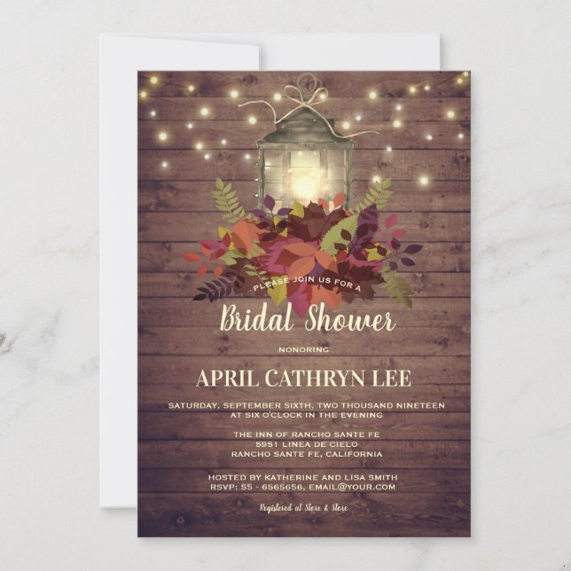 Rustic Autumn Leaves String Lights Bridal Shower Invitation (Front)