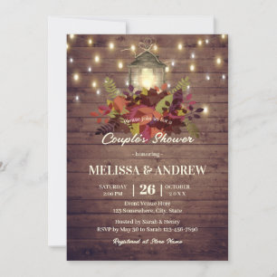 Rustic Autumn Leaves String Lights Couple's Shower Invitation