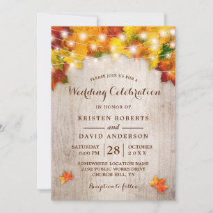 Rustic Autumn Leaves String Lights Fall Wedding Invitation